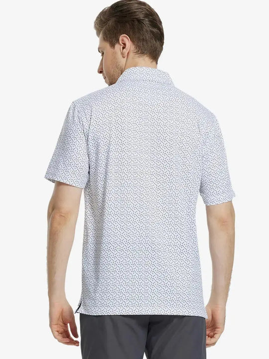 Back view of MAELREG Men's Performance Jersey Print Polo in White Navy Swallow – athletic fit