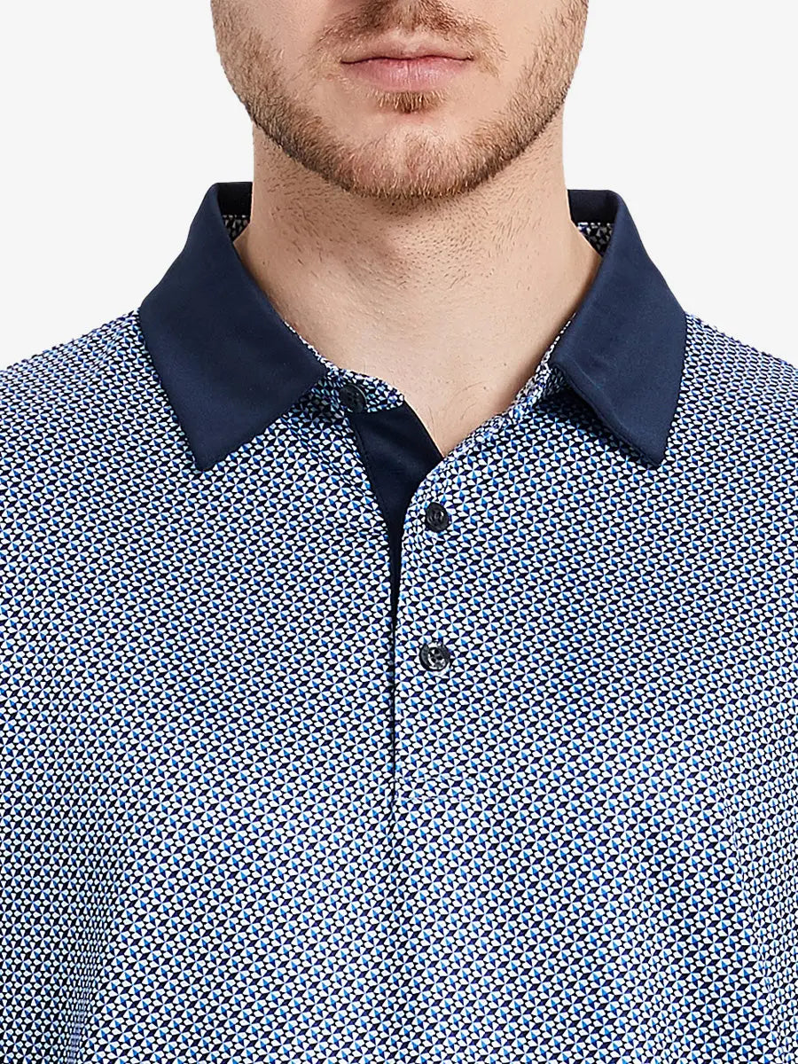 Bluish umbrella pattern polo shirt, model showcases its fresh and natural design with a comfortable fit