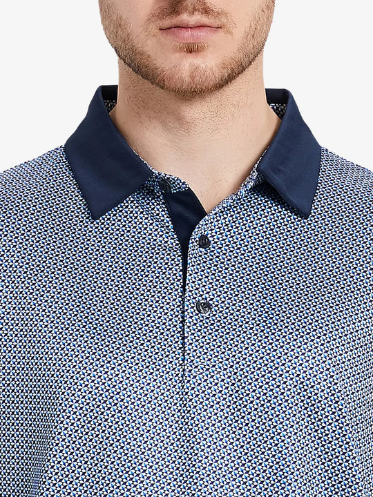 Bluish umbrella pattern polo shirt, model showcases its fresh and natural design with a comfortable fit