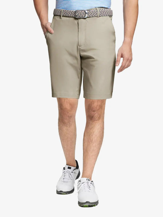 Khaki water resistant golf shorts by MAELREG – model front-facing look