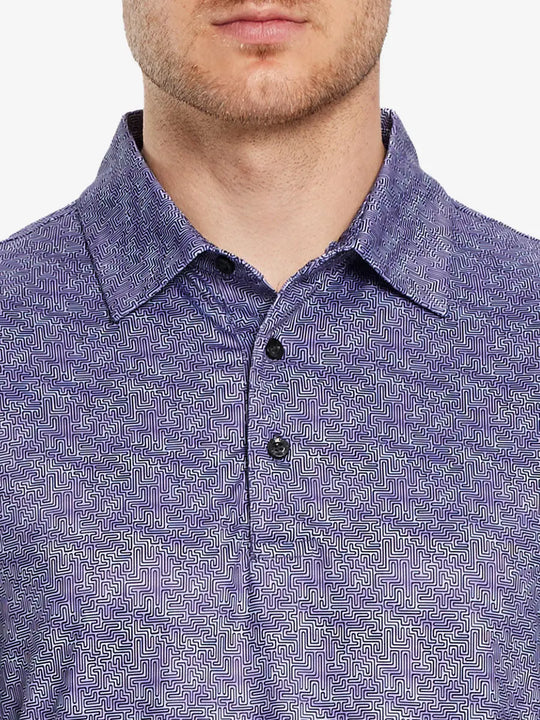 Model wears a PURPLE MAZE golf polo shirt, which emphasizes its cut and comfort when viewed from nose to chest