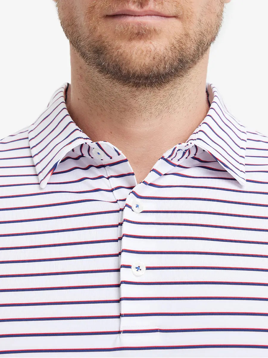 Front chest close-up of WHITE/NAVY STRIPE Polo showing crisp yarn-dyed stripes