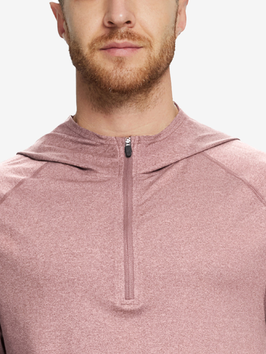 Close-up of collar detail from nose to chest, highlighting fabric and stitching of Pink Heather hoodie.