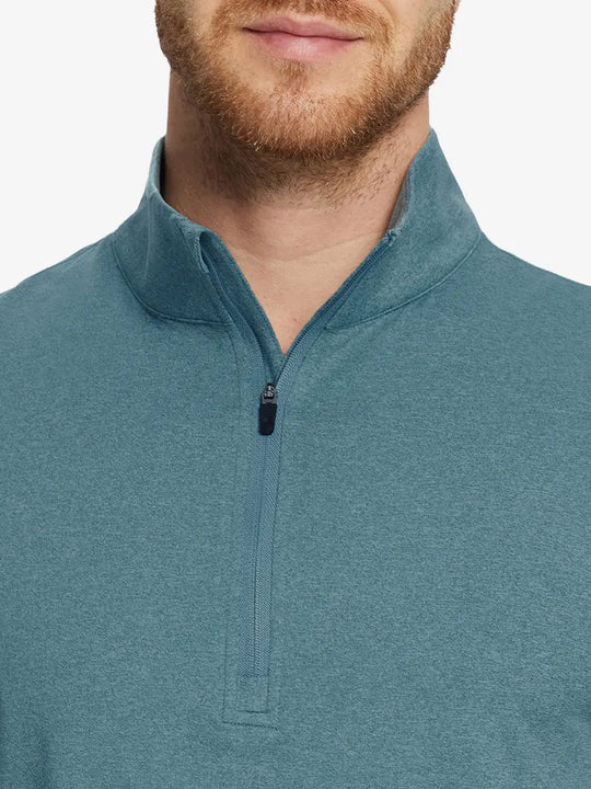 Front close-up from nose to chest, AQUA HEATHER Quarter Zip Melange Pullover with soft textured fabric.