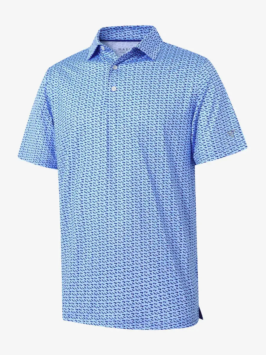 3D view of MAELREG Performance Jersey Print Polo in Bluejay Navy Dogs – breathable golf fabric