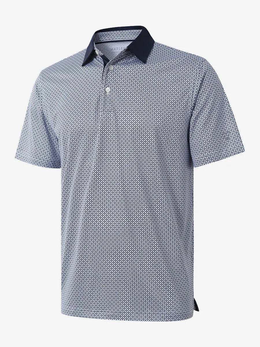 3D view shows the full design of the WHITE NAVY INTERLINK  Polo Shirt, which features modern sporty styling and comfortable, breathable fabric