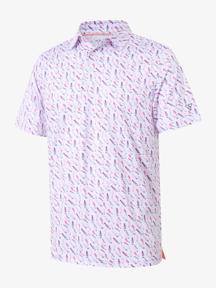 3D view shows the full design of the WHITE MULBERRY LAVENDER  Polo Shirt, which features modern sporty styling and comfortable, breathable fabric