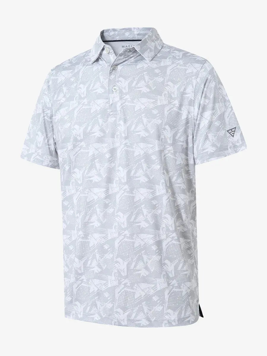 3D view showcasing the grey abstract pattern polo shirt, combining modern artistic style with sporty appeal.