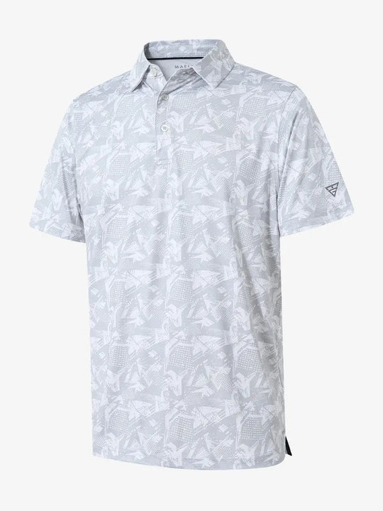 3D view showcasing the grey abstract pattern polo shirt, combining modern artistic style with sporty appeal.