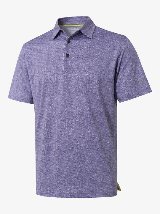 3D view shows the full design of the PURPLE MAZE Polo Shirt, which features modern sporty styling and comfortable, breathable fabric
