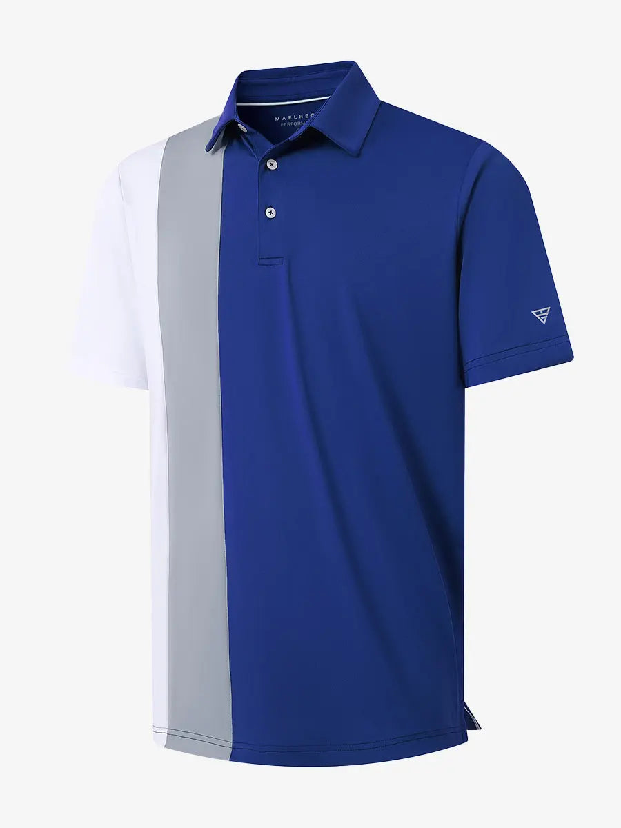 3D view of KLEIN BLUE Moisture Wicking Color Block Polo Shirt showing fabric and color block design.