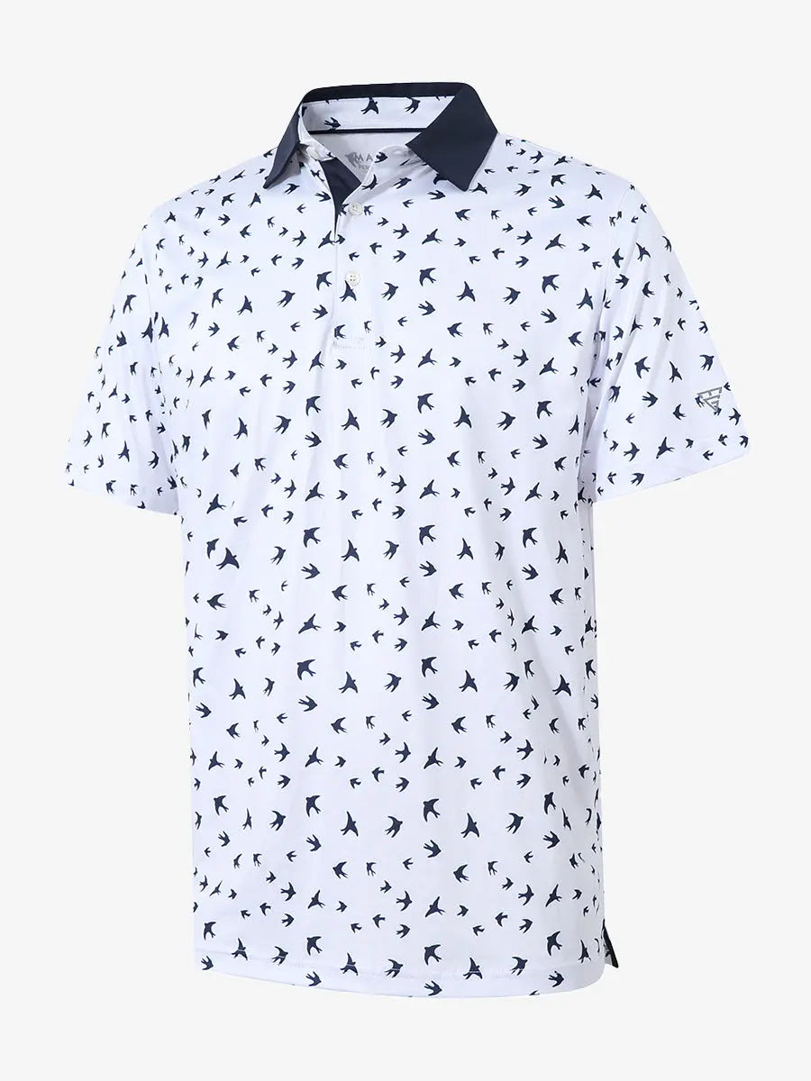 3D view shows the full design of the WHITE NAVY SEAGULL Polo Shirt, which features modern sporty styling and comfortable, breathable fabric