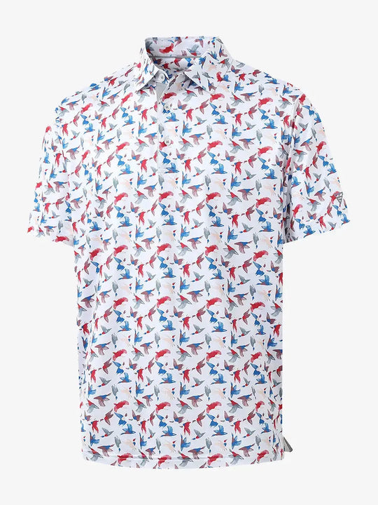 3D view of MAELREG Performance Jersey Print Polo in Colorful Wild Goose – breathable golf fabric