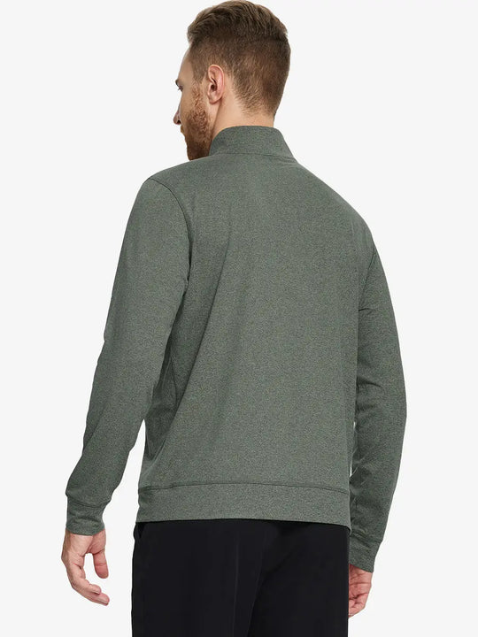 Back half-body view of model in OLIVE GREEN HEATHER Quarter Zip Melange Pullover highlighting smooth fit.