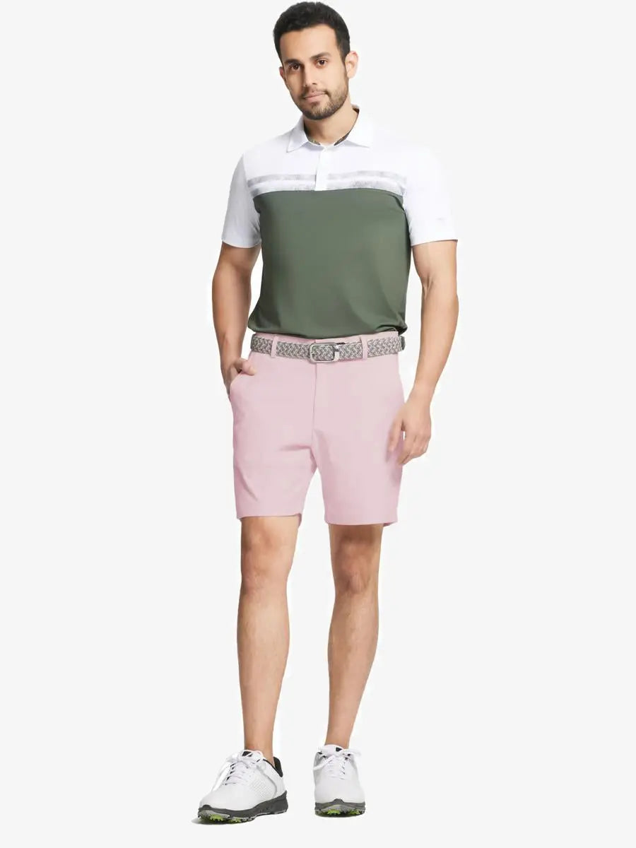 Model wearing Pink shorts, right hand in pocket – 7 Inch inseam