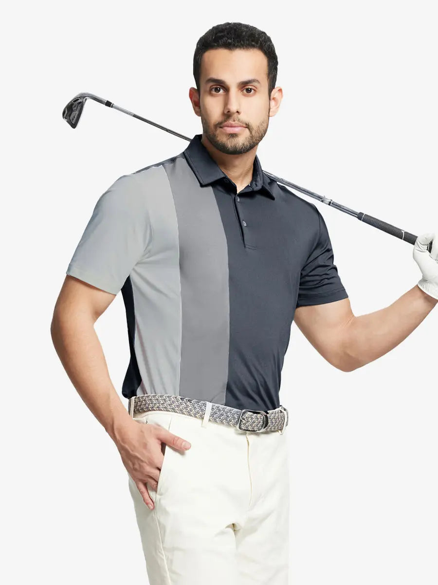 Half-body front view of model holding golf club wearing DARK GREY Moisture Wicking Color Block Polo Shirt.