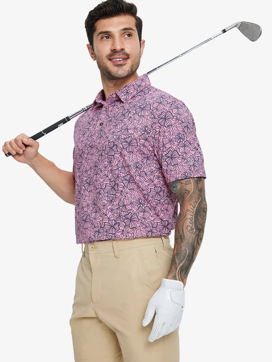 Half-body front view of model holding golf club wearing MAUVE FLOWER Popular Heather Print Polo