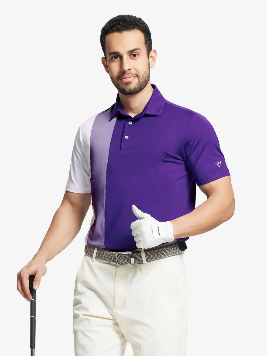Half-body front view of model holding golf club wearing PURPLE Moisture Wicking Color Block Polo Shirt.