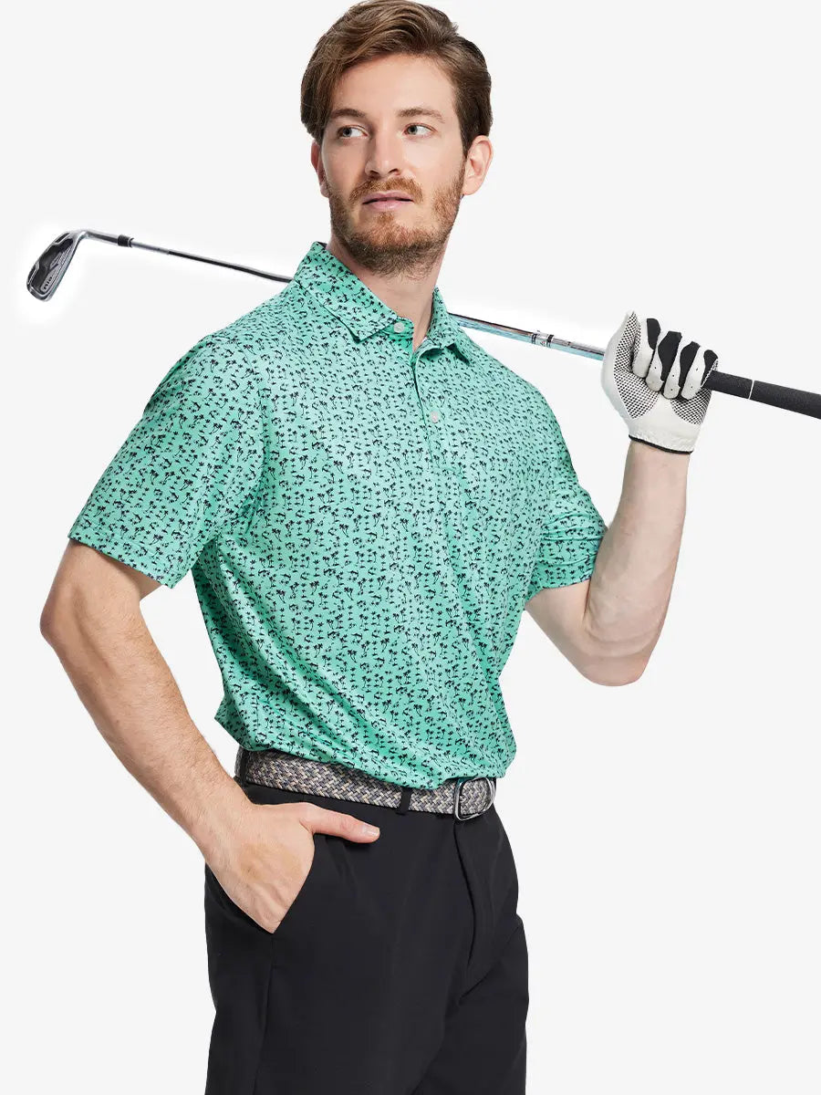 Model showcases the mint seaside palm pattern polo shirt, highlighting its fresh and comfortable design