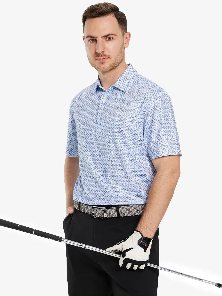 Half-body front view of model holding golf club wearing BLUE LOOP CHAIN Performance Quick Dry Print Golf Polo.