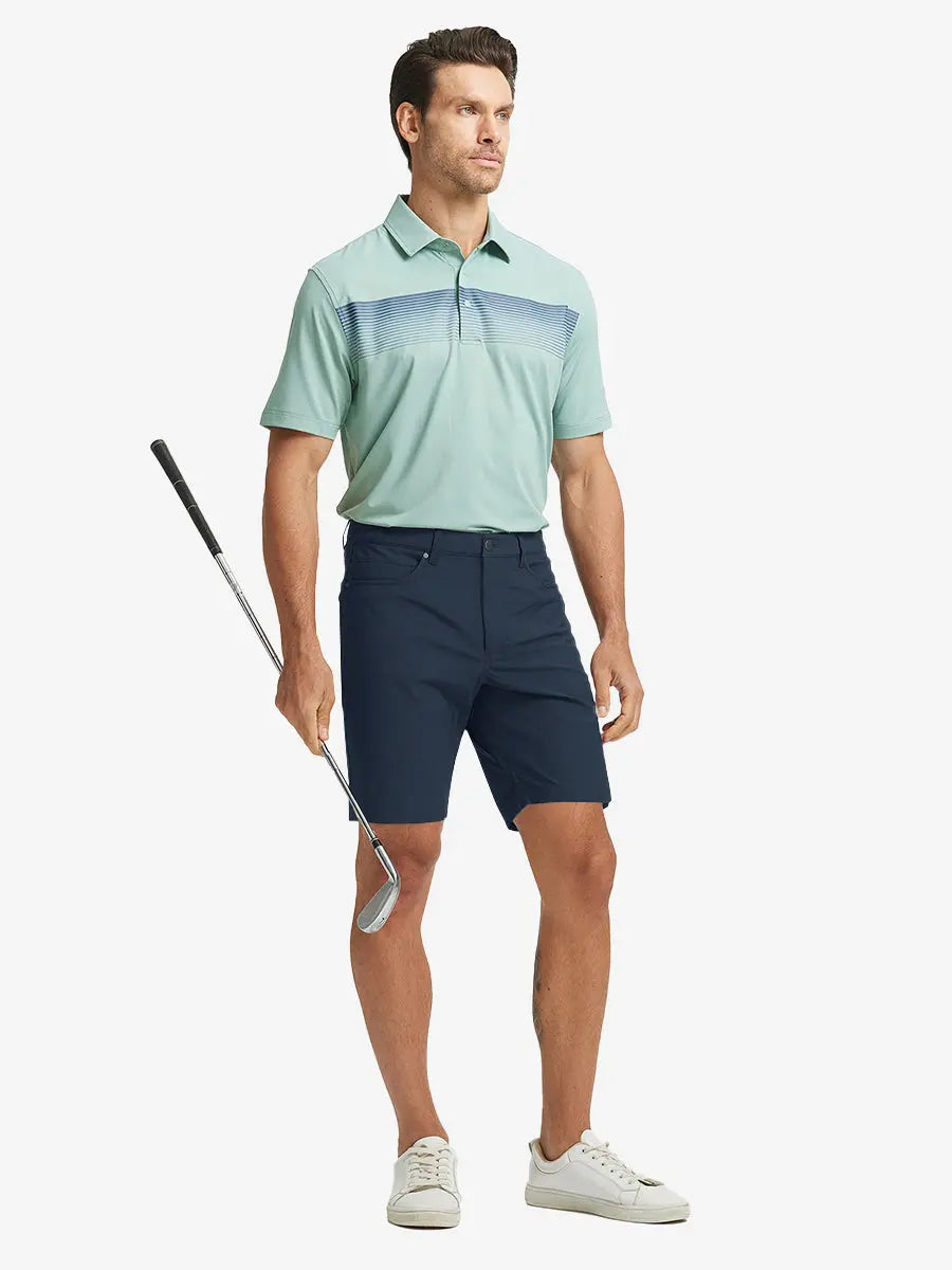NAVY 4-way Stretch Performance Solid Shorts, golfer full-body front with club, 9 Inch length