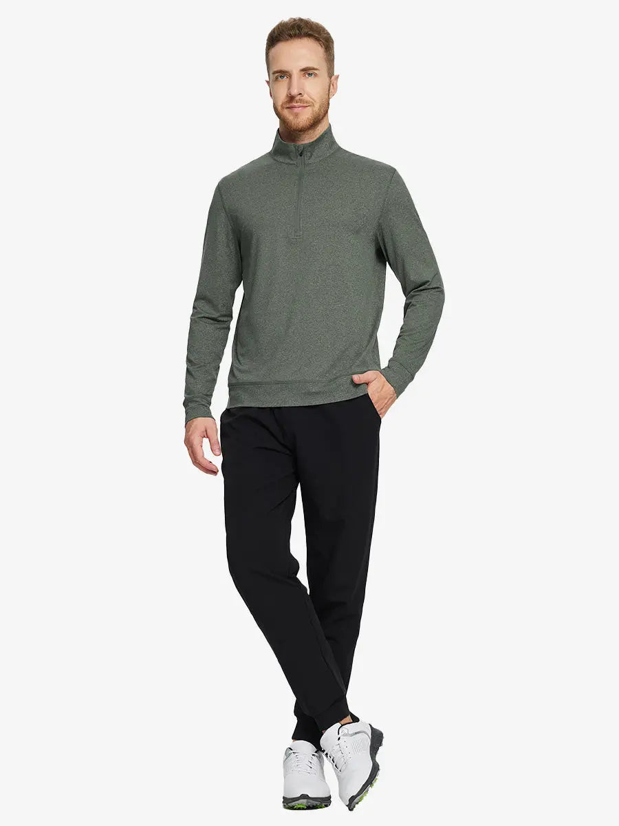 Full-body front view on model wearing OLIVE GREEN HEATHER Quarter Zip Melange Pullover, casual sporty look.