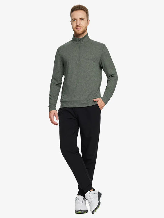 Full-body front view on model wearing OLIVE GREEN HEATHER Quarter Zip Melange Pullover, casual sporty look.