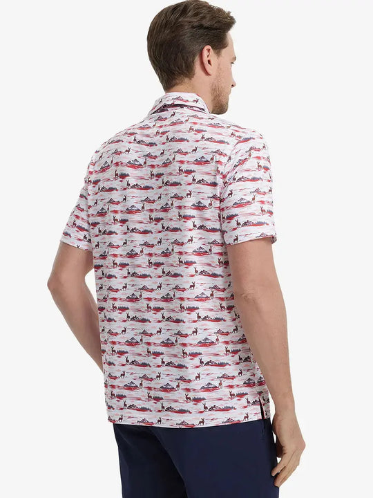 Back view of MAELREG Men's Performance Jersey Print Polo in Sunset Elk – athletic fit
