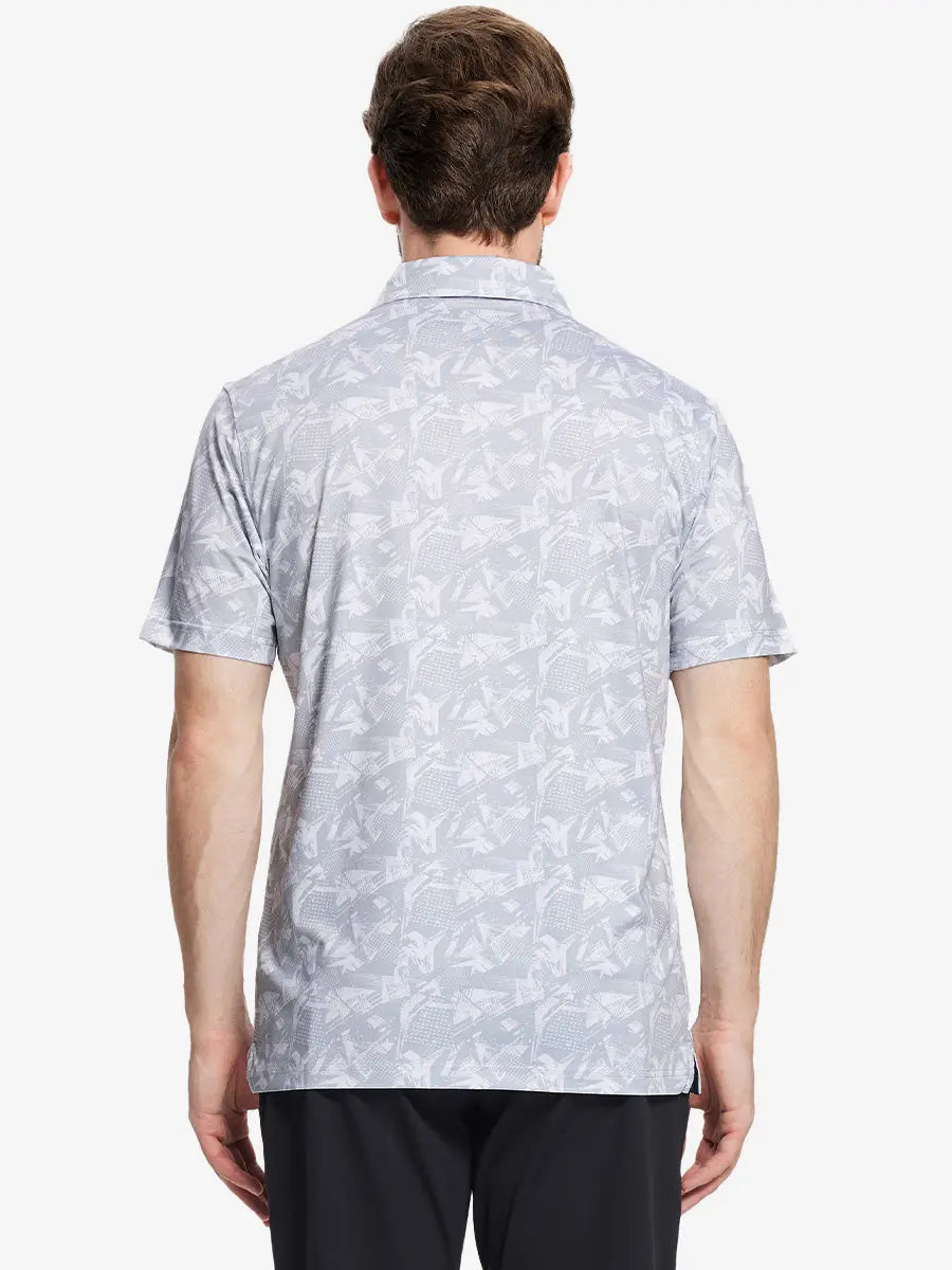 Back view of the model wearing the grey abstract pattern polo, emphasizing its modern and artistic appeal.