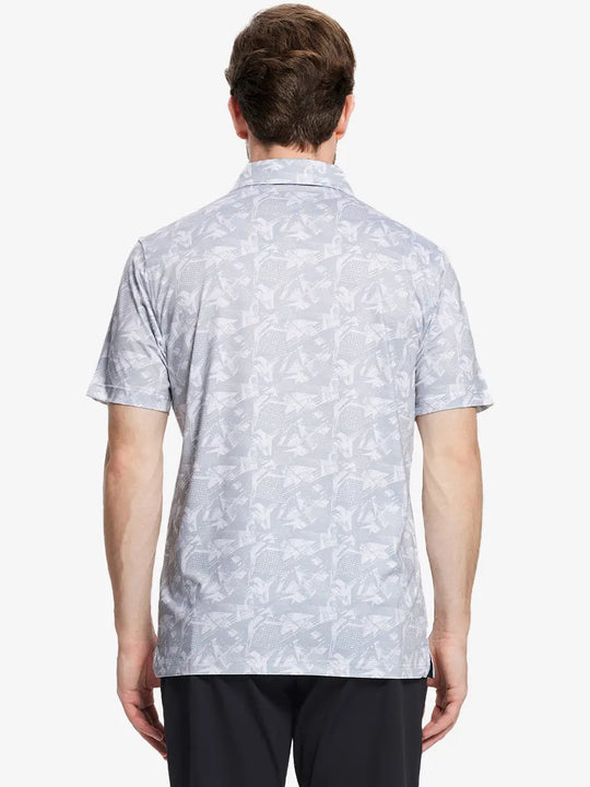 Back view of the model wearing the grey abstract pattern polo, emphasizing its modern and artistic appeal.