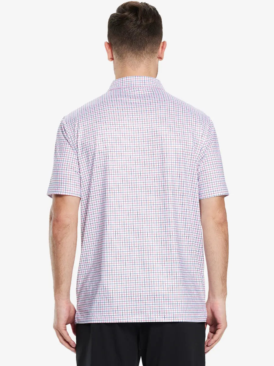 From the back, the model shows the back design of the WHITE GRID  Polo shirt, clearly showing the shape and cut of the garment