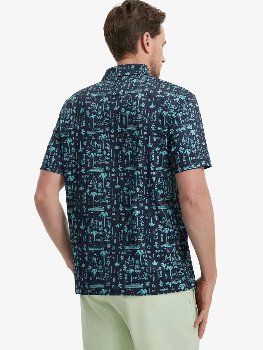 Back view of MAELREG Men's Performance Jersey Print Polo in Navy Ocean Beach – athletic fit