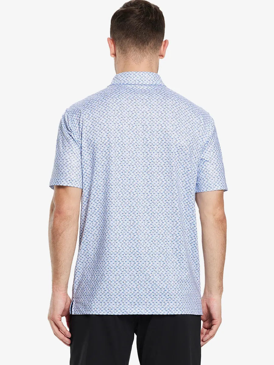 Back half-body view of model in BLUE LOOP CHAIN Performance Quick Dry Print Golf Polo.