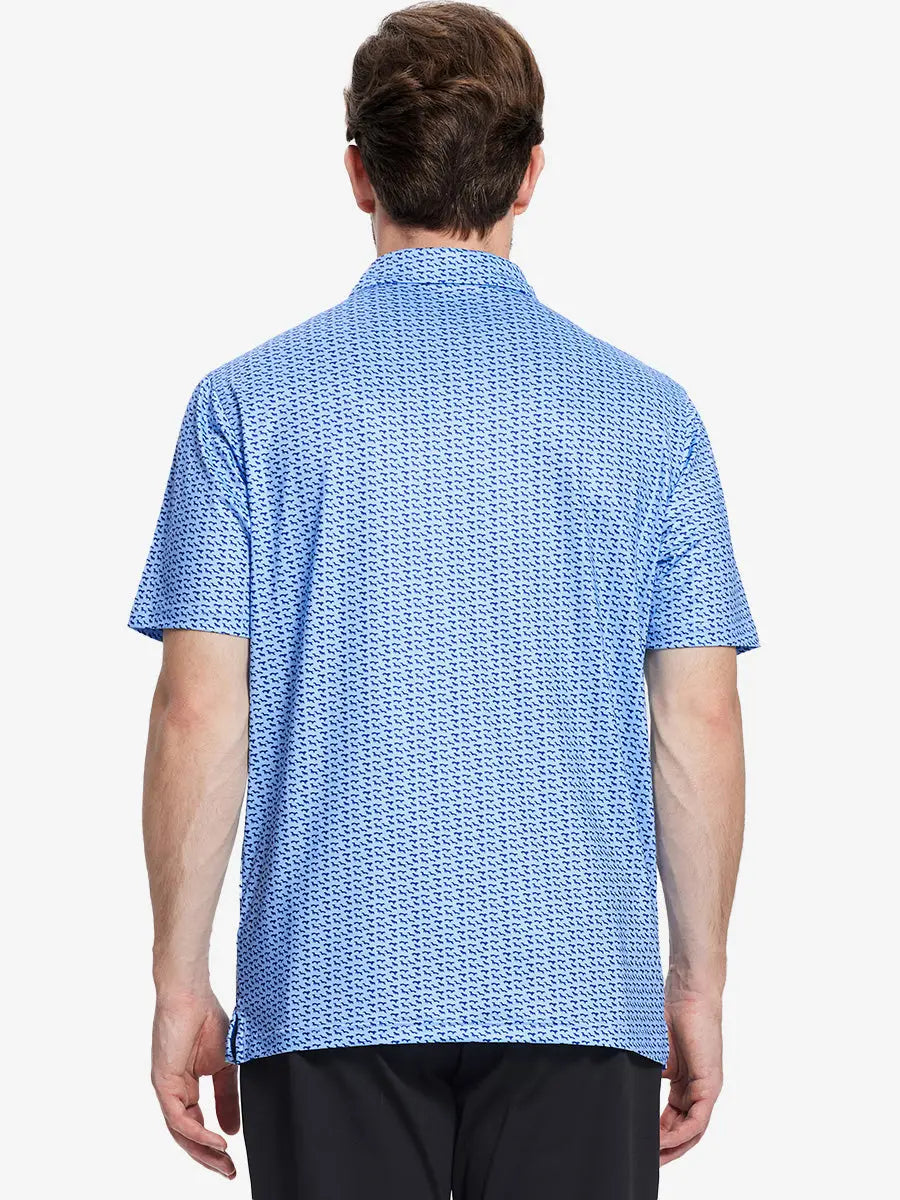 Back view of the model wearing the blue navy dogs pattern polo, showcasing its fun design and sporty fit.