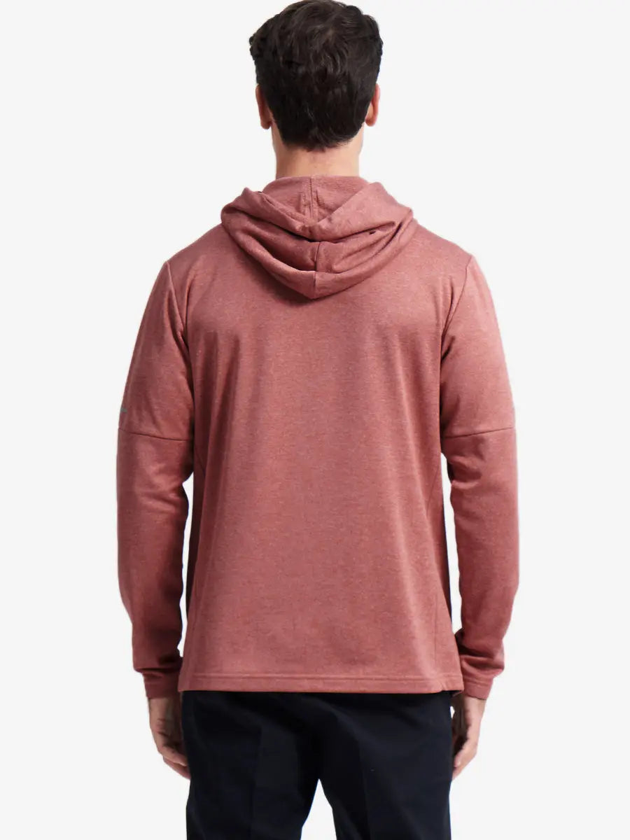 Another front half-body view showcasing Brick Heather hoodie with soft heather fleece texture